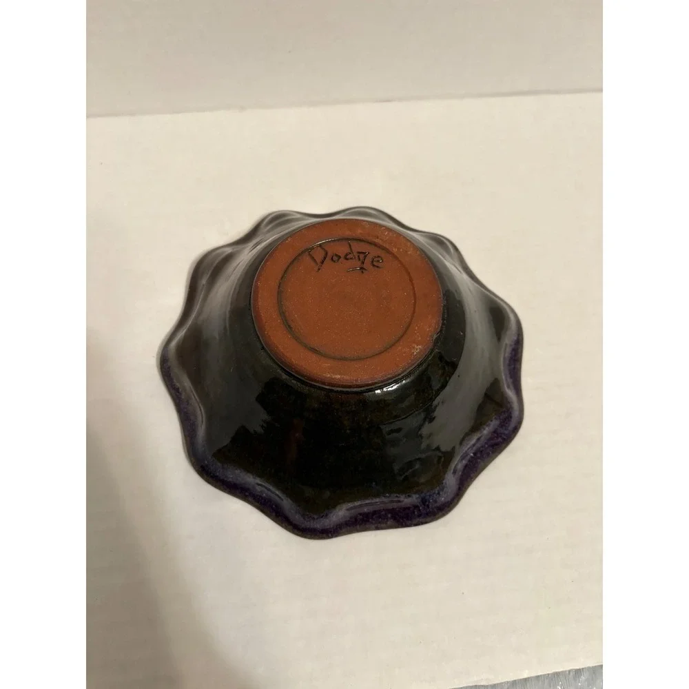 Dodge Studio Pottery Ruffled Bowl Set Purple Brown Glaze Signed Handcrafted 2pc